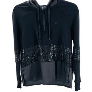DKNY XS black tiered sequin pullover staycation lounge hoodie sweatshirt B68